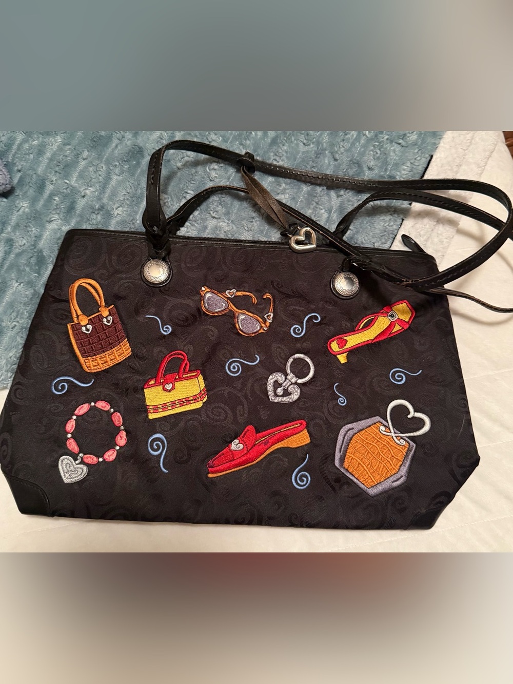 Brighton Black Tote with Colorful Embroidered Accessories